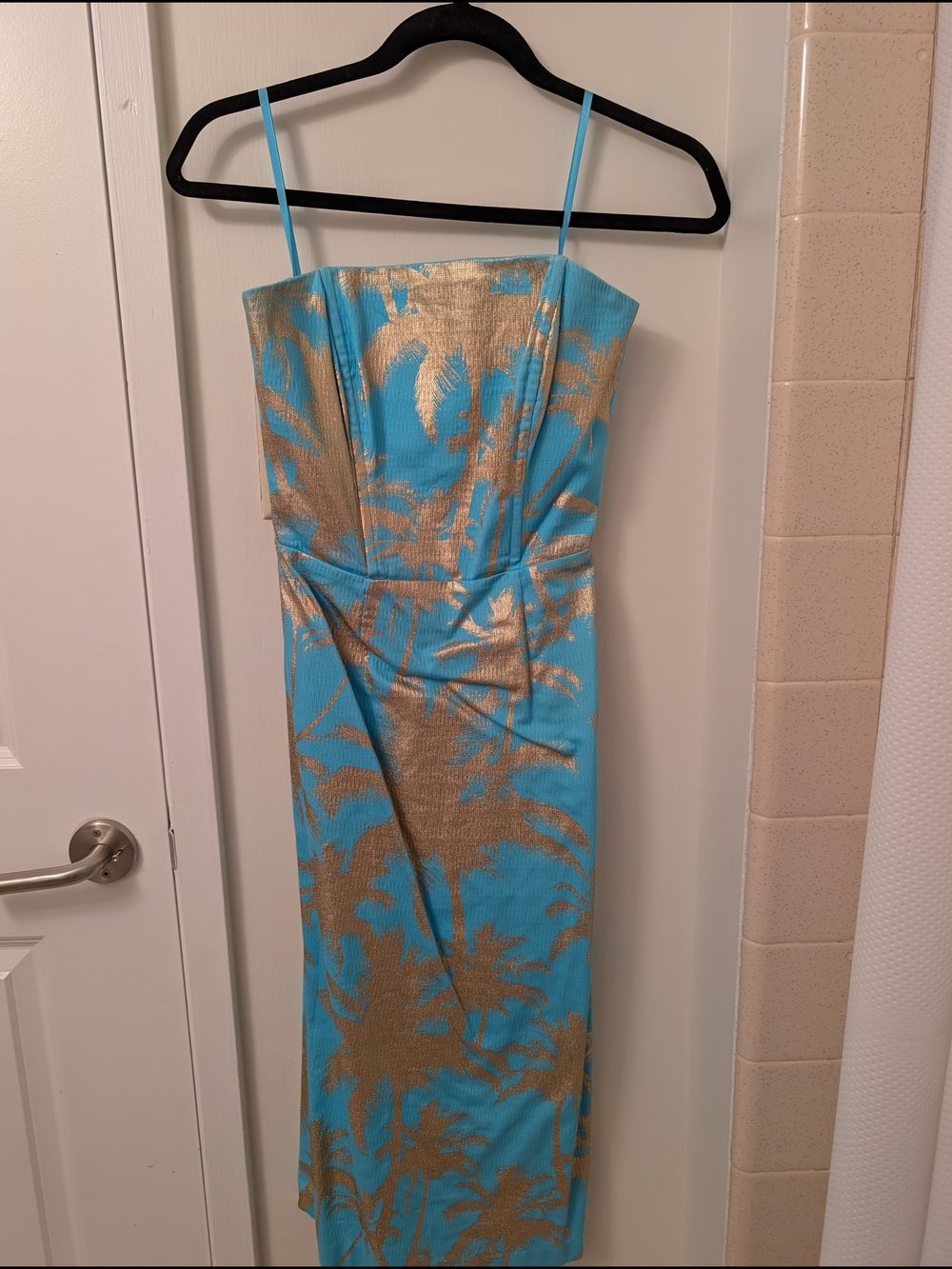 Tori Richard Turquoise and Gold Palm-Print Midi Dress